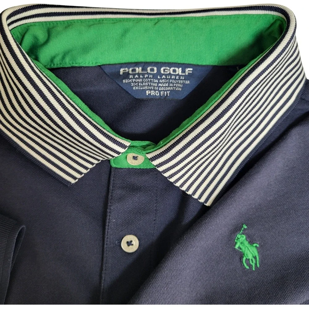 Ralph Lauren Polo Golf Pro Fit  Men's Large Navy Green Striped Collar Polo Shirt